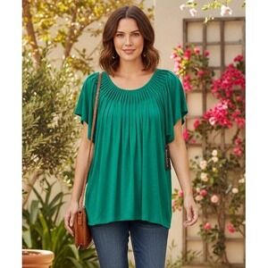 Thomas & Olivia Blouse Women's 3X Green Ruched Flutter Sleeve Stretch Casual NWT